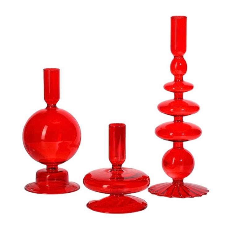 Red vintage style candlestick holder, glass, set of 3, bubble, candle holder, tabletop, home decor, gift set, mix and match, champagne glass, decor, la maison rebelle, art gallery, gift shop, los angeles.  