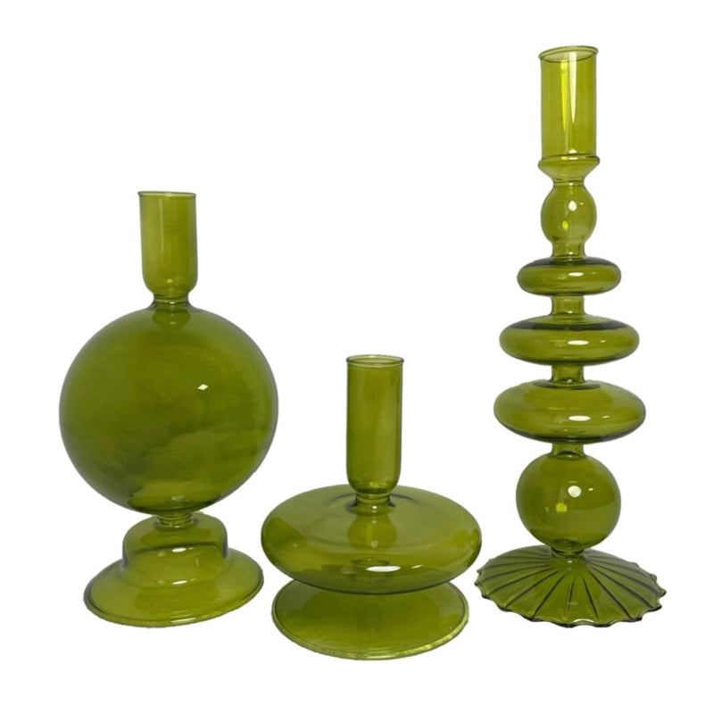 green vintage style candlestick holder, glass, set of 3, bubble, candle holder, tabletop, home decor, gift set, mix and match, champagne glass, decor, la maison rebelle, art gallery, gift shop, los angeles.  