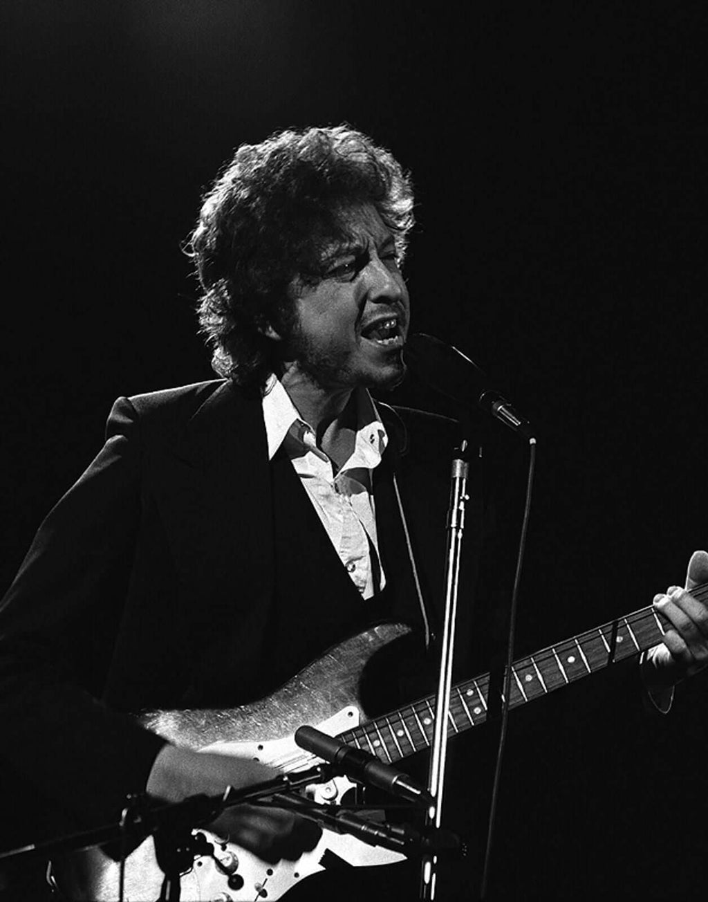 Bob Dylan performing live at The Forum, Los Angeles in 1974, captured by photographer Brad Elterman.
