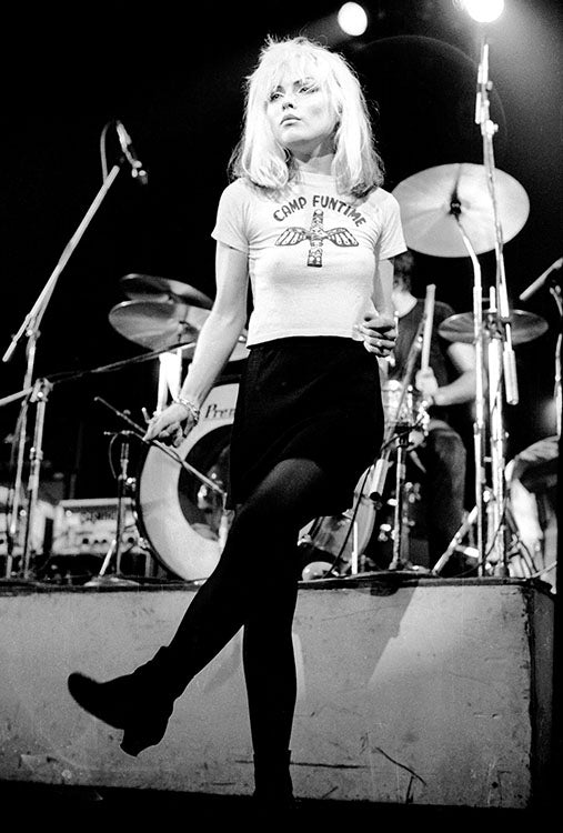 American singer Debbie Harry performing with Blondie in support of Television at the Free Trade Hall, Manchester, England, 26th May 1977.