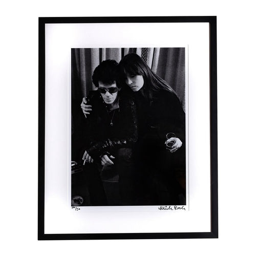 Rare, Fine art black and white framed print of Lou Reed and Nico hugging, signed by the photographer Mick Rock. 