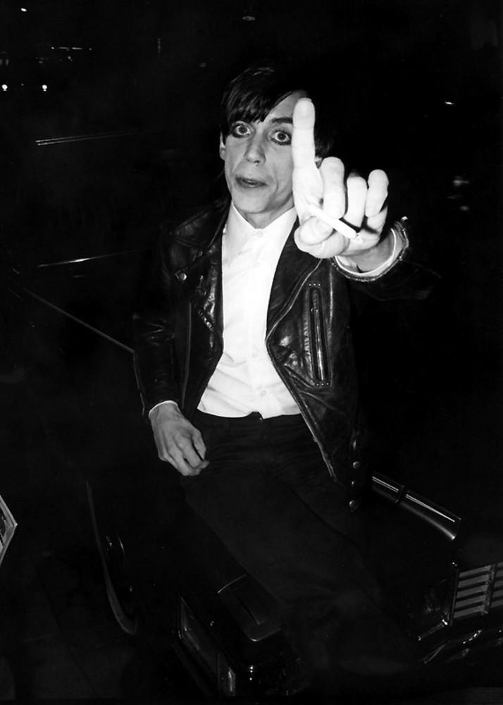 Iggy pop, holds finger up, No Photos, taken in 1977, Iggy and the stooges, black and white photgraph, by photographer Brad Elterman, Collectors Edition, Limited edition photograph, Rock n roll photography, Fine art photography, wall decor,  home decor, luxury, decor, interior design, home, art, music,  pictures, photography, art gallery La Maison Rebelle, Los Angeles, rock photography. 