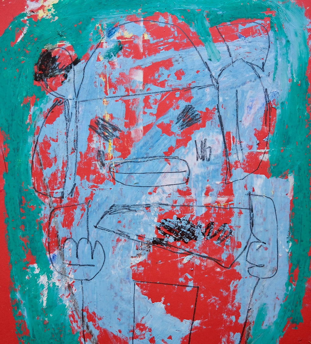 City girl, blue, red, drawing, Ghost, Painting, by artist Adam Handler, sun, Adam Handler,  art gallery, painting, fine art, gallery, wall decor, home decor, Los Angeles, La Maison Rebelle, collectors, signed, limited edition, original art, best gallery Los Angeles, interior design, acrylic.