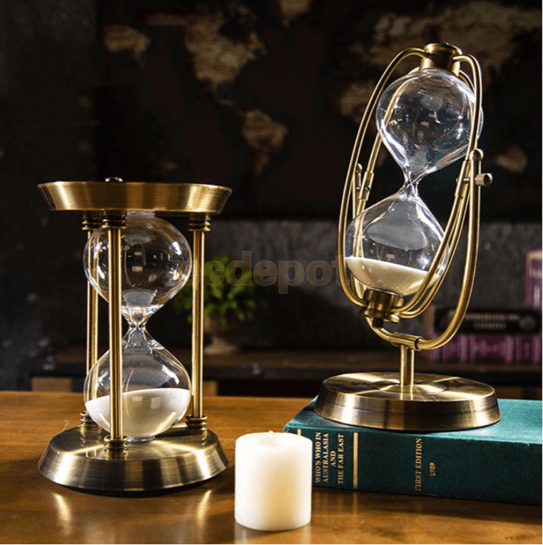 gold, rotating, hourglass, sculpture, sand timer, 60, 30 minutes, la maison rebelle, home decor, art gallery, gift shop