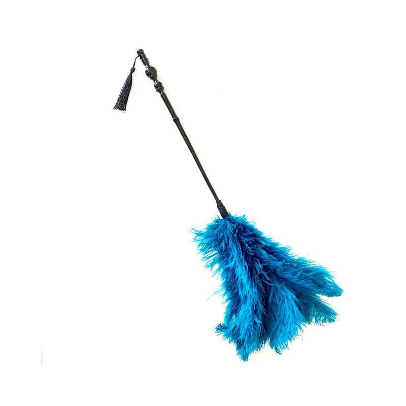 ornate feather duster, long wand, fringe tassel, bright colors, pop colors, ostrich feather duster, ostrich feather pen, wedding, gift, handmade, pink, fuchsia, turquoise, olive green, yellow, black lacquer, carved, resin, toy, home decor, duster, home gift, art gallery, la maison rebelle, los angeles. 