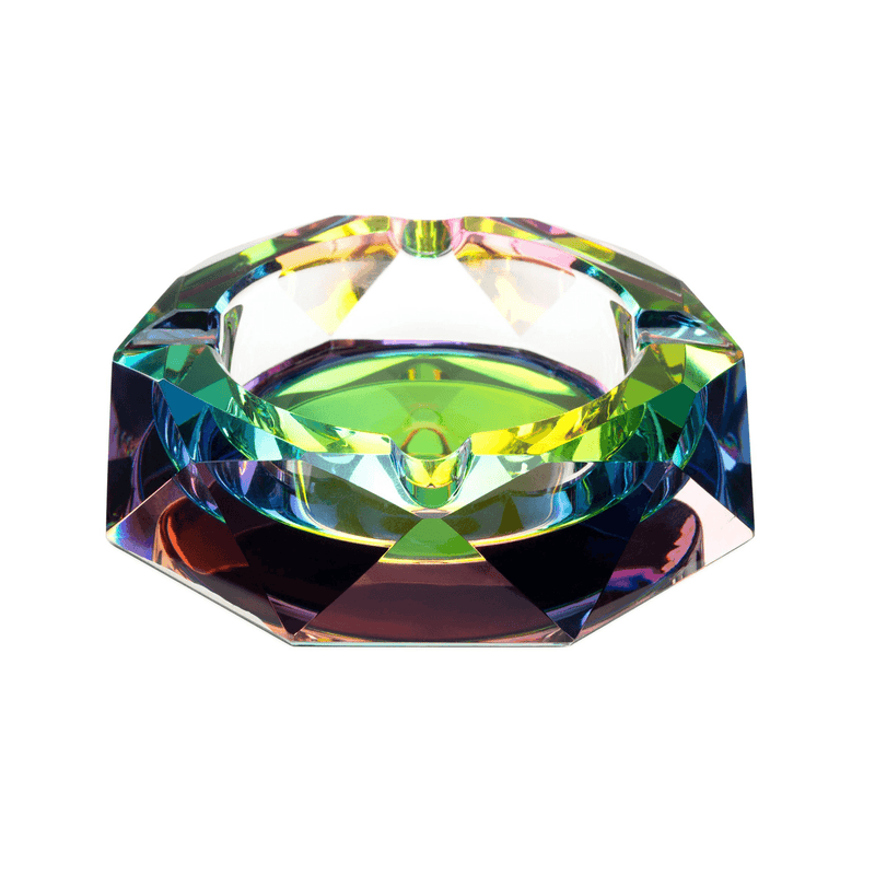 rainbow acrylic ashtray, rainbow glass ashtray, paper weight, red, purple, green, pink, blue, faceted, reflect light, smoking tool, smoking accessory, home decor, cigarette, marijuana, weed, joint holder, gift, cigar holder, la maison rebelle, los angeles, rainbow prism, crystal, glass, art gallery.